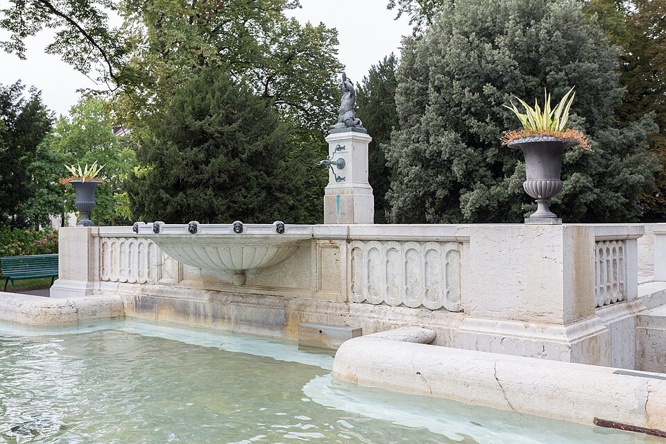 A stone basin and urn at a fountain in the lakeside parks