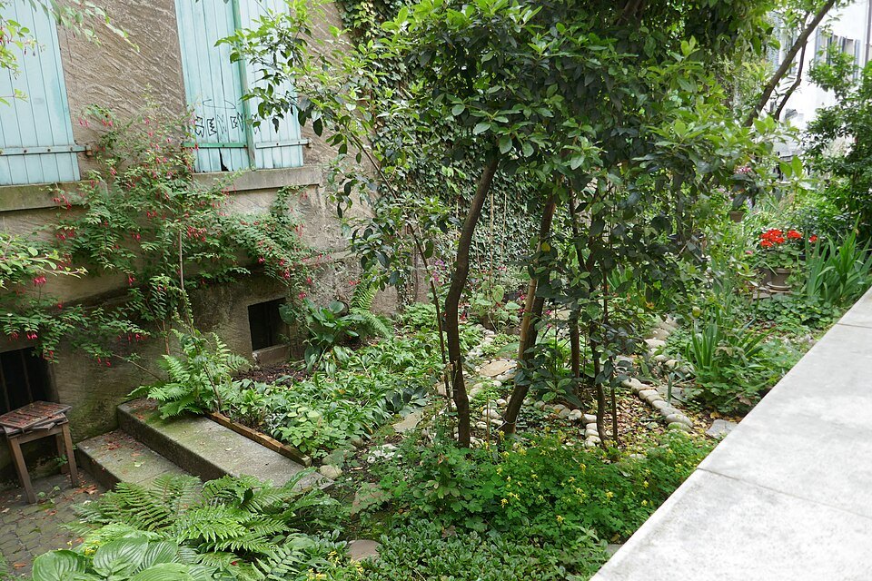 A leafy courtyard garden behind old walls on the Rue de la Tour-de-Boël