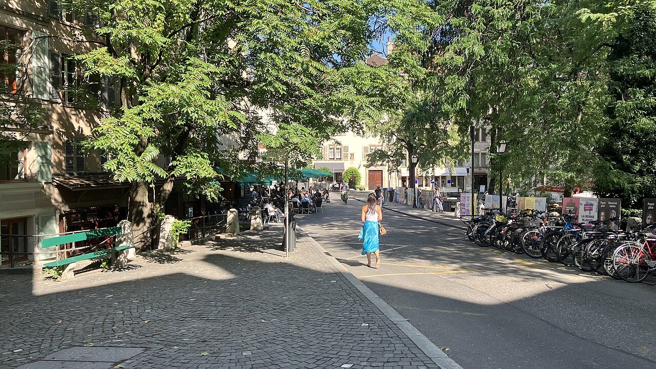 Benches and bicycles under the trees of Place du Bourg-de-Four