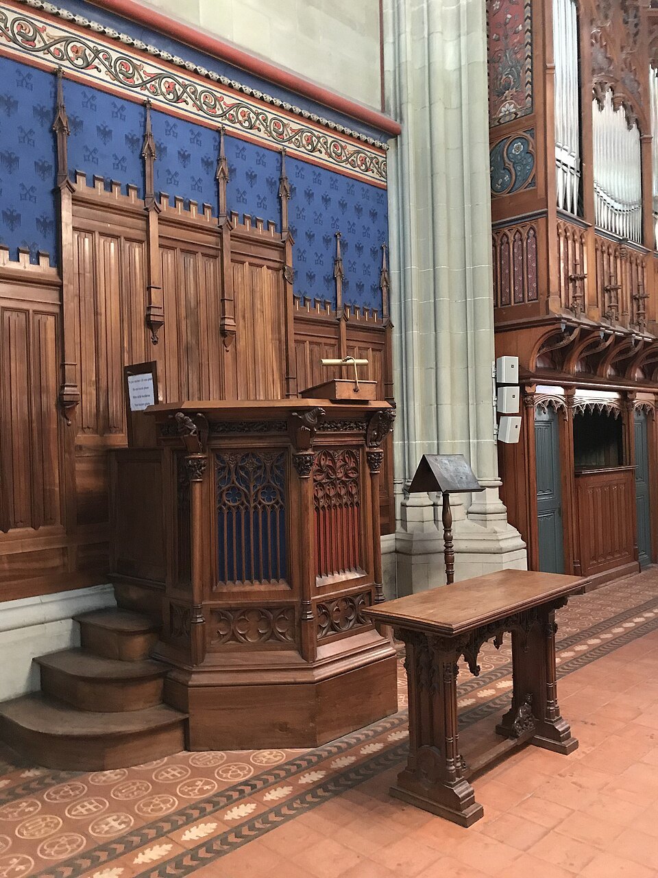 Carved wooden stalls and a pulpit in the Maccabees Chapel