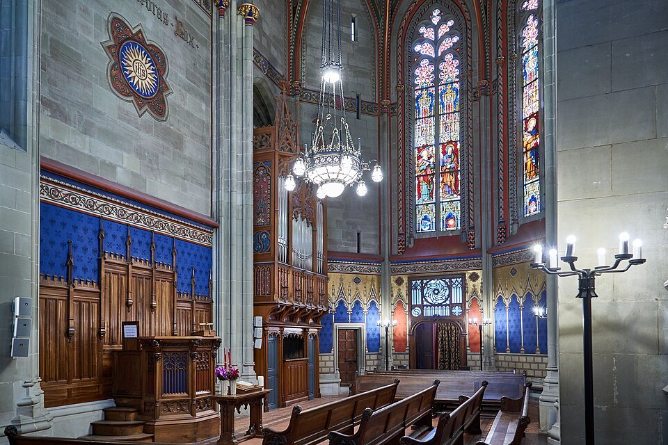 The painted walls and stained glass of the Maccabees Chapel inside the cathedral