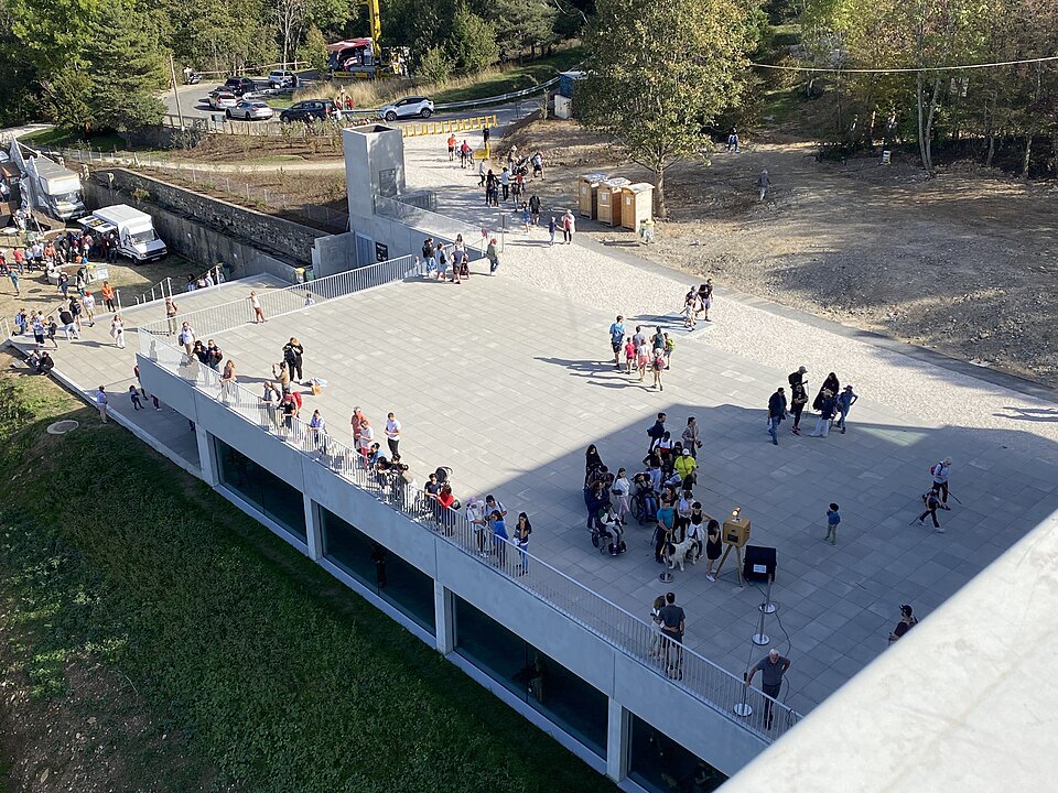 Visitors on the terrace of the Salève cable car's upper station