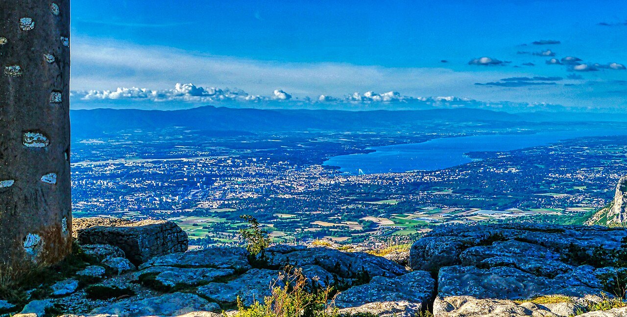The view from the Salève over Geneva, the lake and the Alps on the skyline