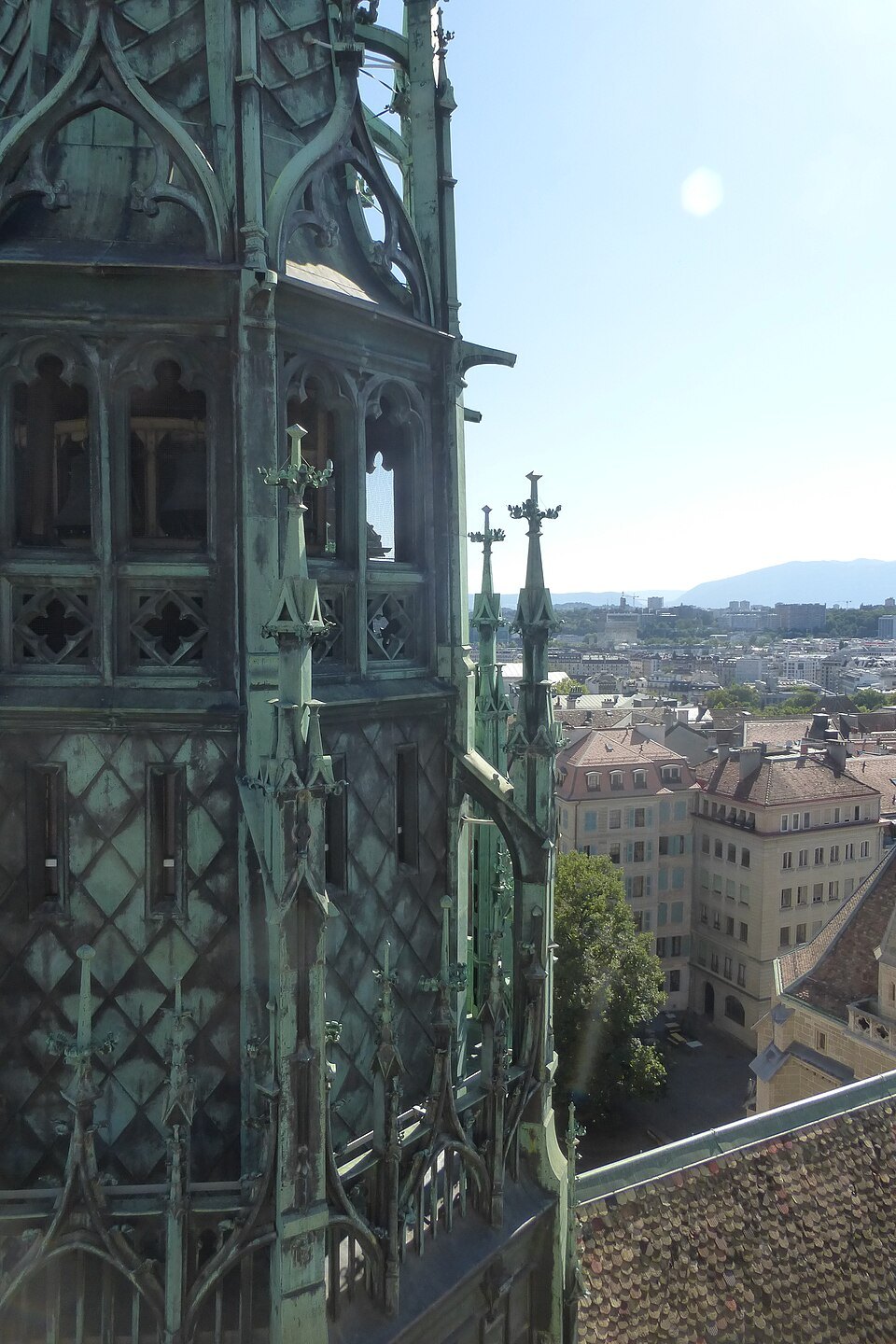 The cathedral spire's green metalwork seen from the north tower