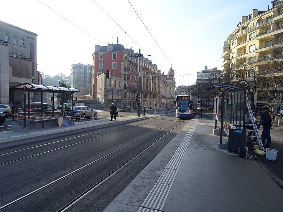 Tram tracks and shelters at the Eaux-Vives station stop