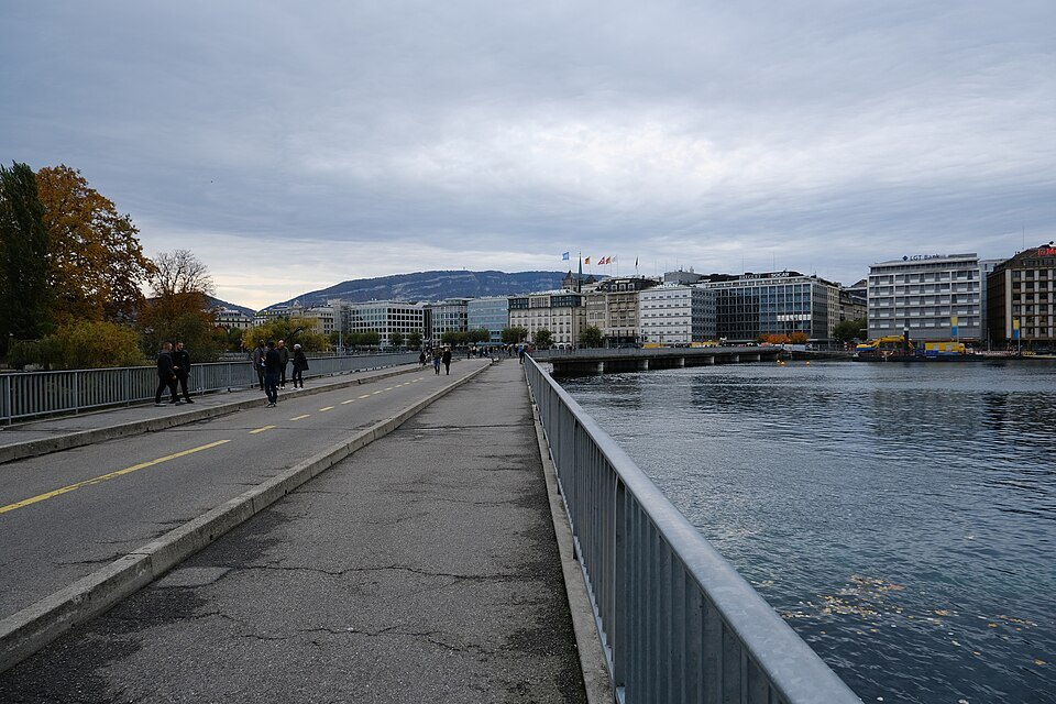 The walkway of the Pont des Bergues leading across the river under a gray sky