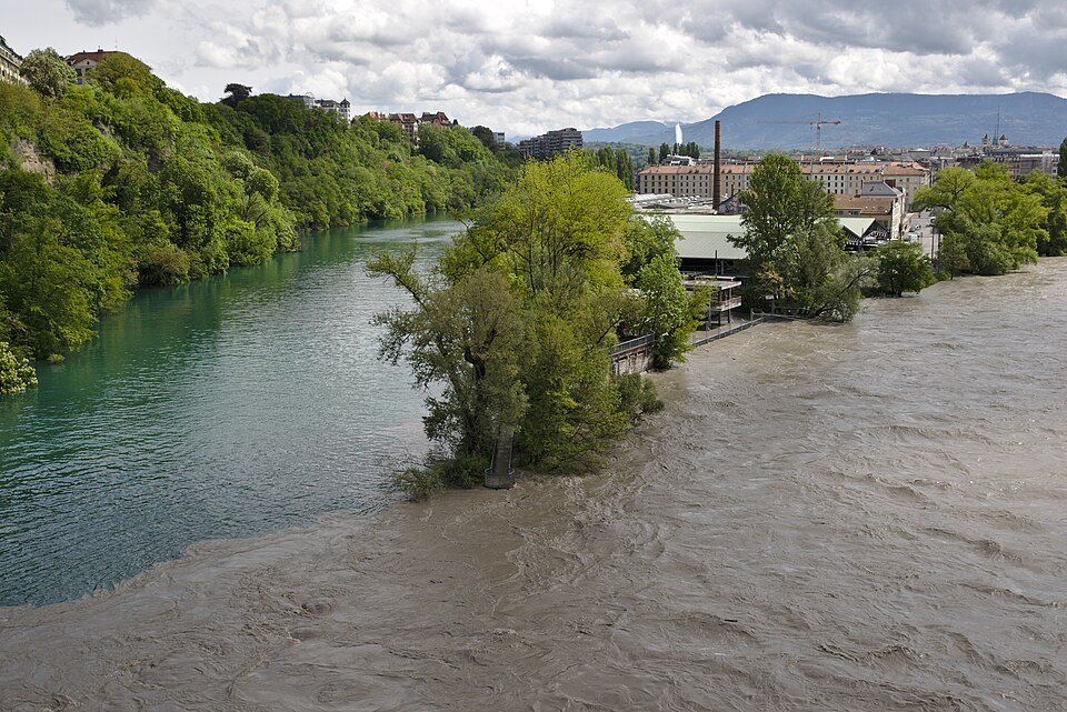 The Arve in flood meeting the Rhône, seen from the viaduct