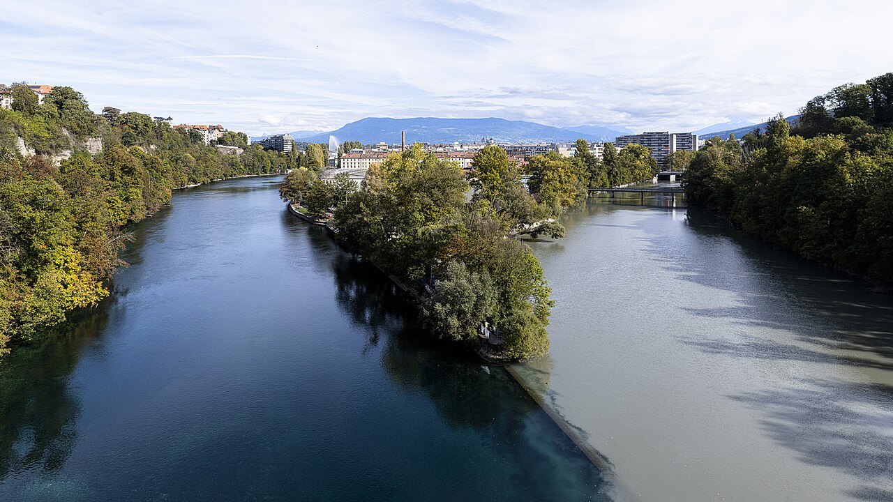 The Rhône and the Arve meeting around a wooded point