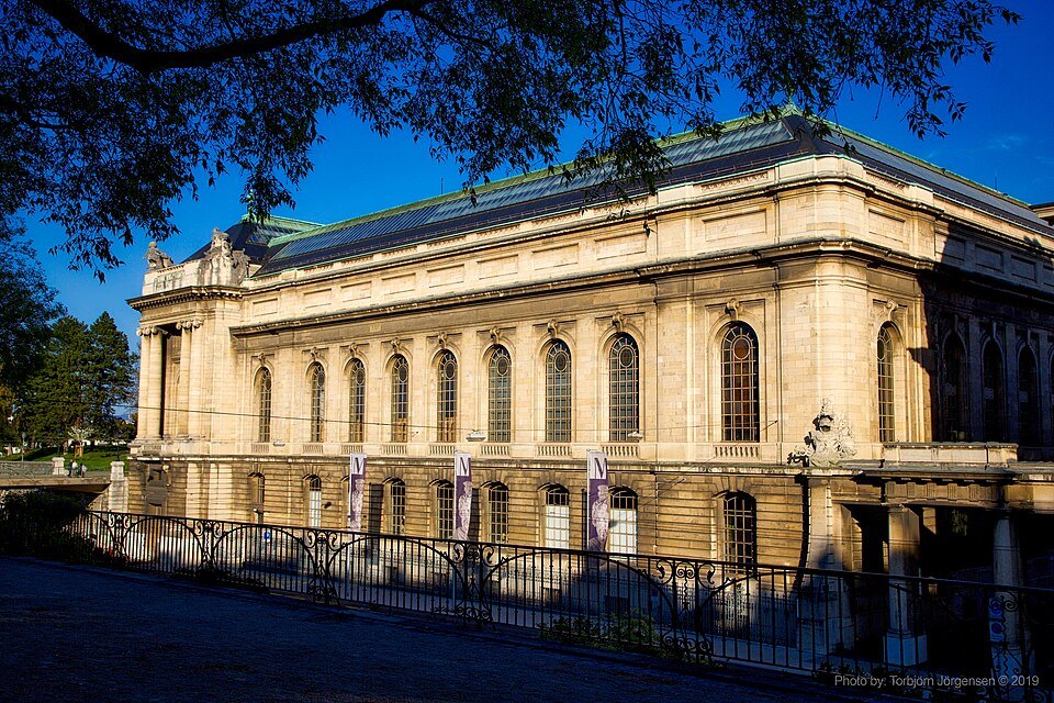 The long facade of the Musée d'Art et d'Histoire lit by low sun