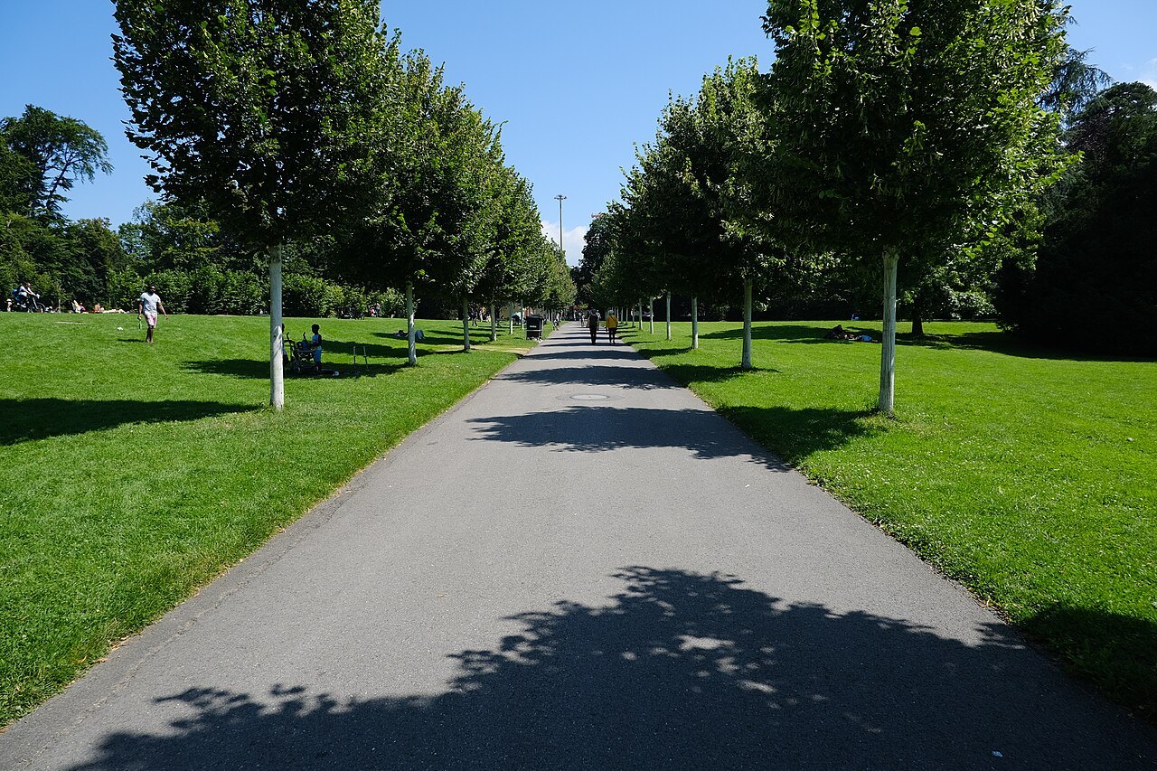A tree-lined avenue across the lawns of Parc La Grange