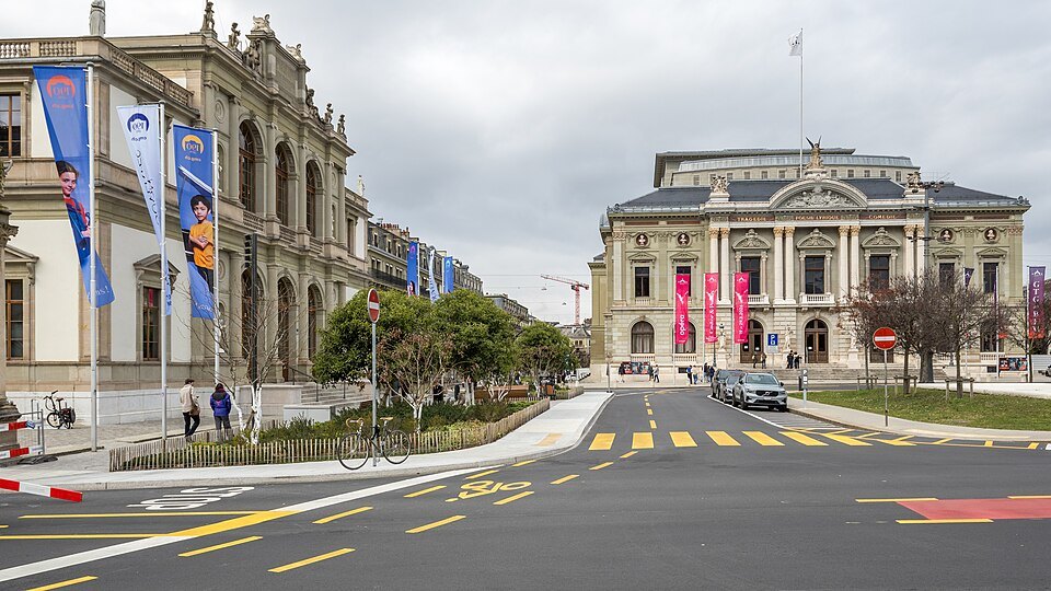 Banners outside the Conservatory, the Grand Théâtre across the square