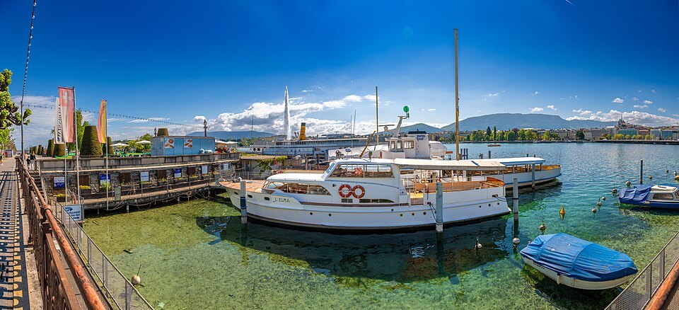 Moored boats and a pier on the right-bank quay, the Jet d'Eau across the water