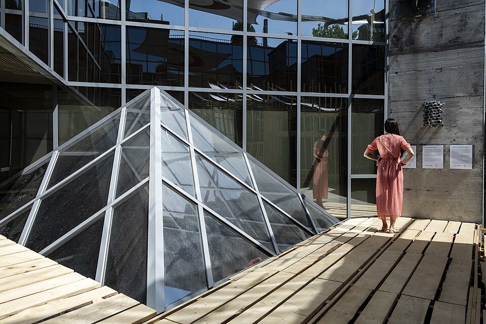 A glass pyramid over the time capsule in the museum's garden court