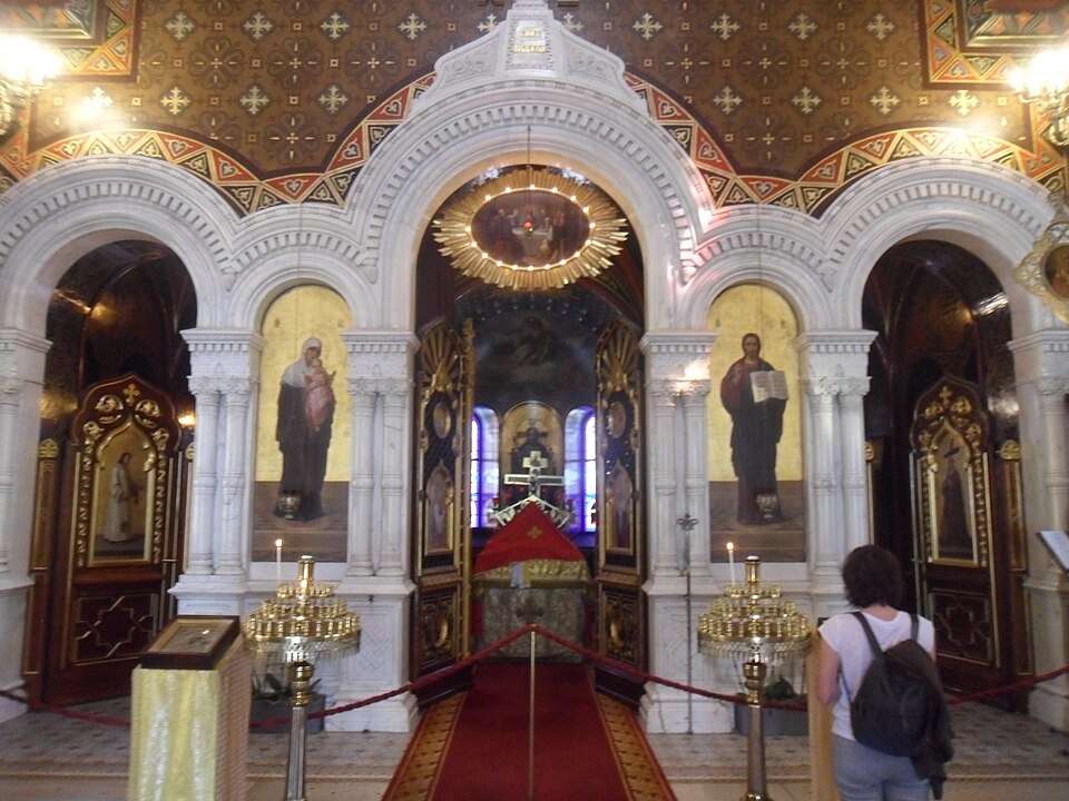 The gilded iconostasis and icons inside the Russian Church