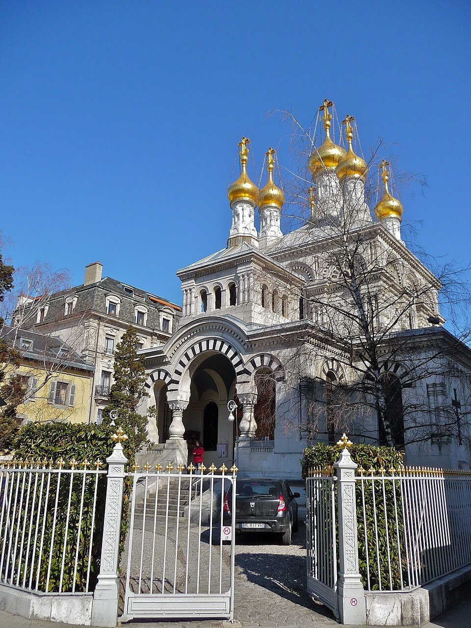 The Russian Church behind its gate on a sunny day