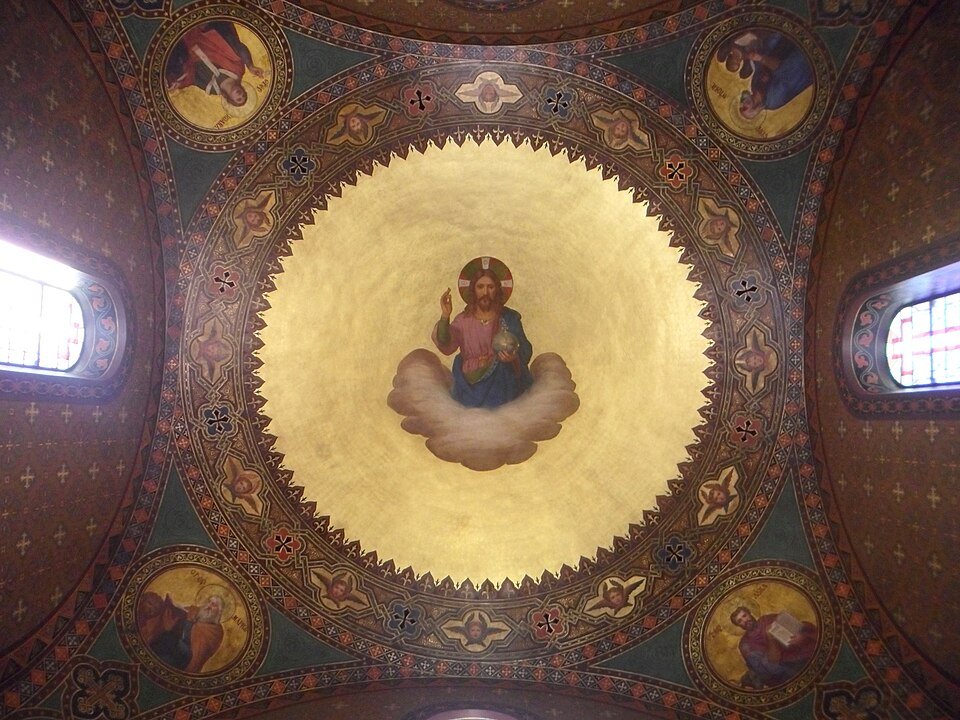 Christ in gold at the center of the painted dome inside the Russian Church
