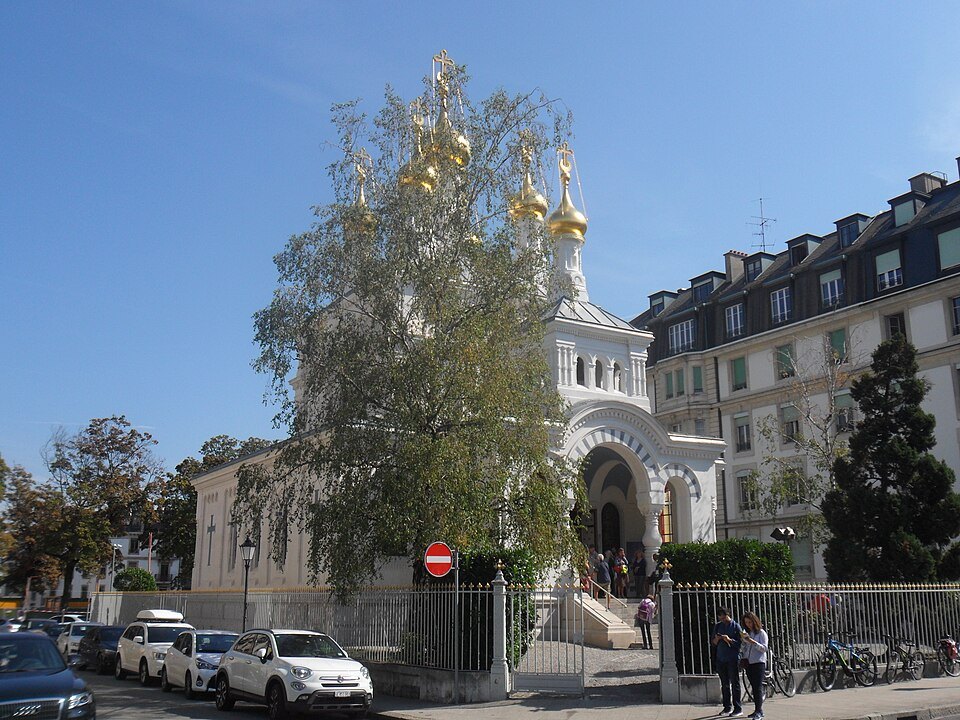 The Russian Church behind a birch tree and its railings